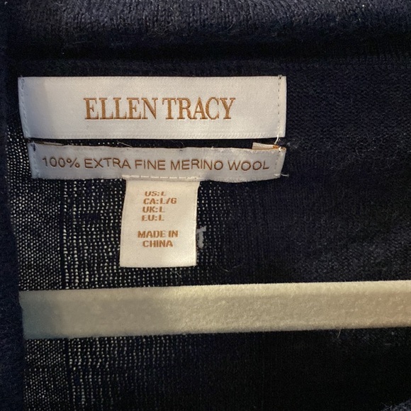 ELLEN TRACY extra fine merino wool cowl funnel neck sweater navy L turtleneck - Picture 2 of 4